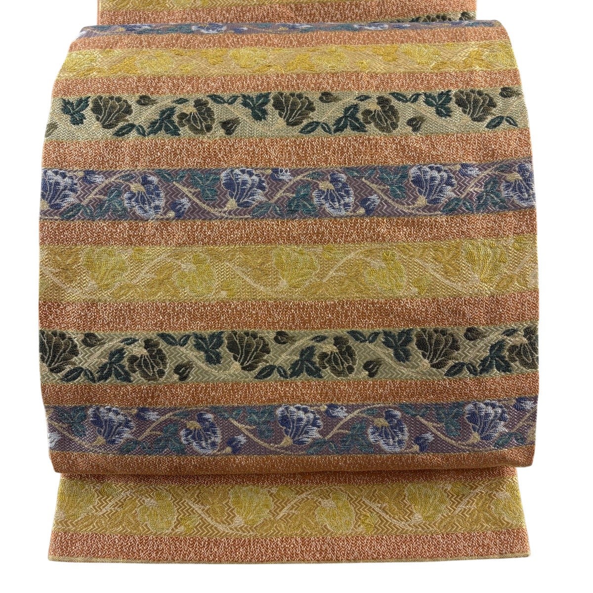 袋帯 美品 名品 段縞 草花 金糸 輪奈織 金色 全通 正絹 【中古