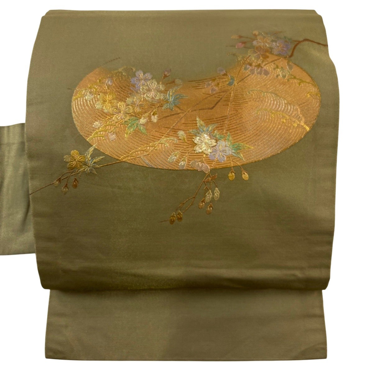 名古屋帯 秀品 桜 波頭 螺鈿 金銀彩 茶緑色 正絹｜中古・古着