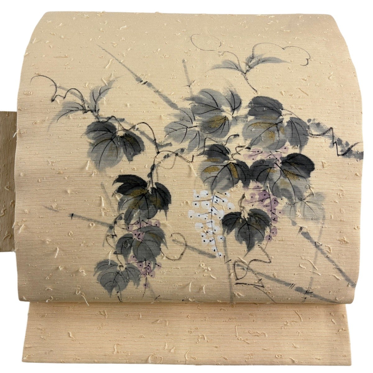 美品】 名古屋帯 秀品 髭紬地 葡萄 金彩 ベージュ 正絹｜中古・古着