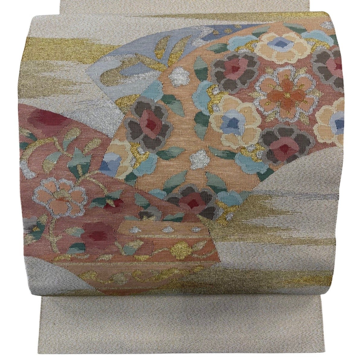 名古屋帯 秀品 八寸名古屋帯 松葉仕立て 草花 扇面 金銀糸 ベージュ