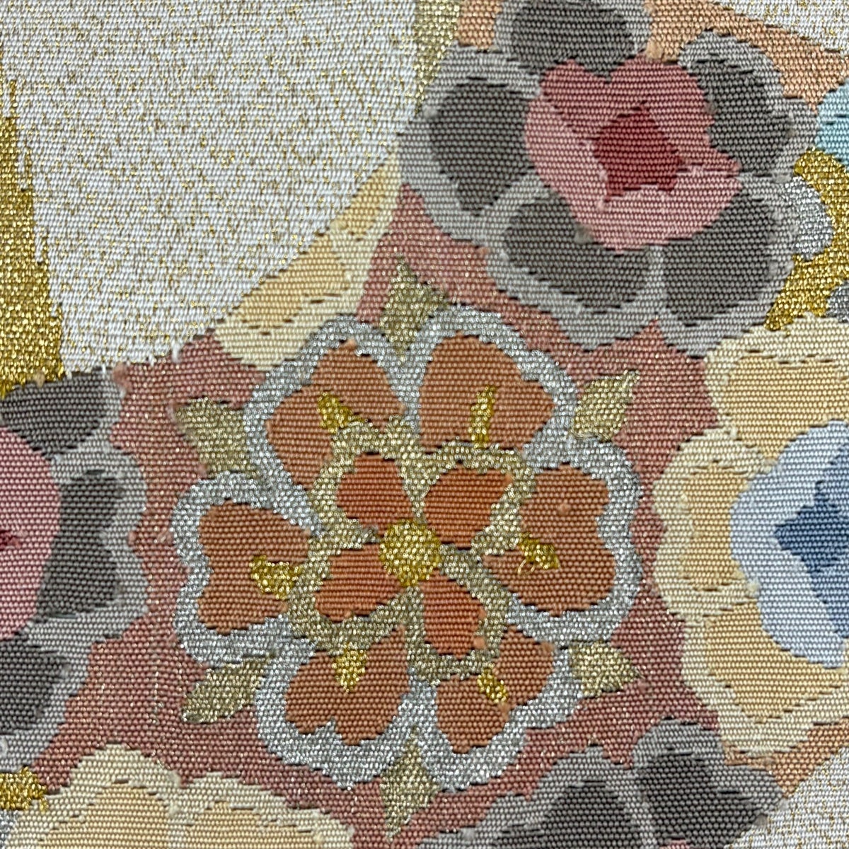 名古屋帯 秀品 八寸名古屋帯 松葉仕立て 草花 扇面 金銀糸 ベージュ