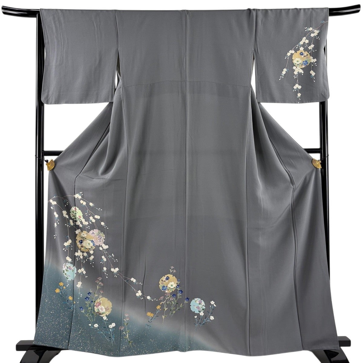 訪問着 名品 身丈157cm 裄丈67cm 正絹 【中古】 訪問着 身丈157cm 裄丈67cm M 袷 雪輪 草花 金彩 ぼかし 青灰色 正絹