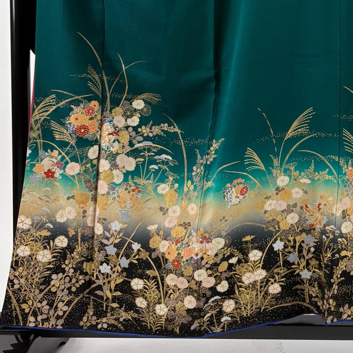 振袖 身丈158.5cm 裄丈64.5cm M 袷 鈴乃屋 秋草 花丸文 金彩 ぼかし 緑