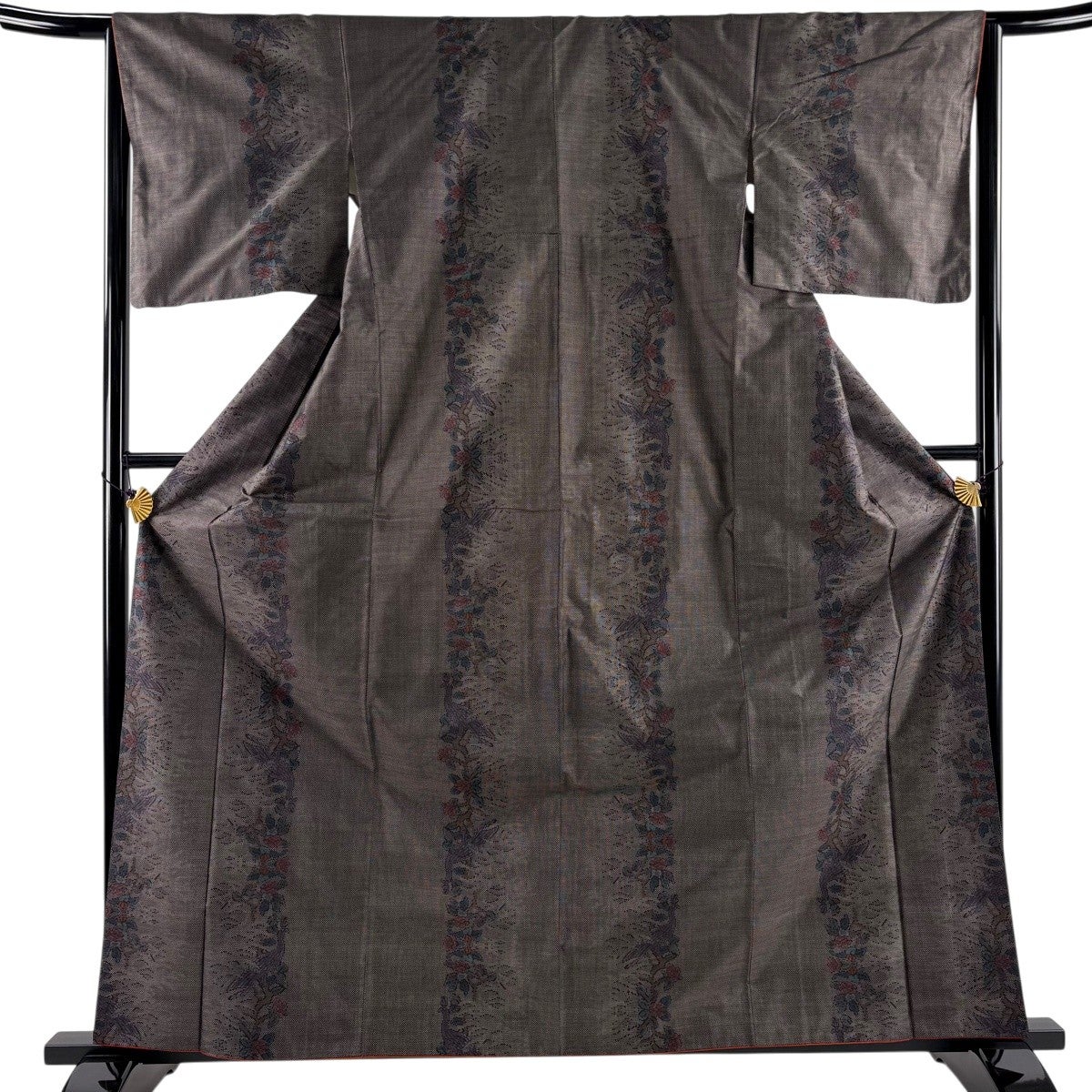 紬 身丈159cm 裄丈65cm M 袷 枝花 焦茶色 正絹 秀品｜中古・古着