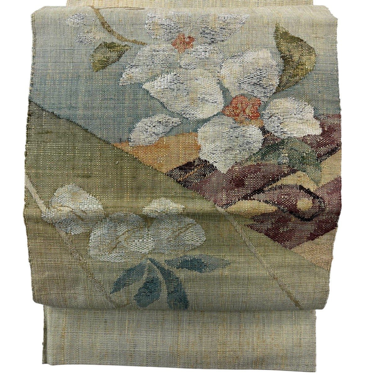 名古屋帯 秀品 八寸名古屋帯 松葉仕立て 枝花 金糸 灰緑 正絹｜中古