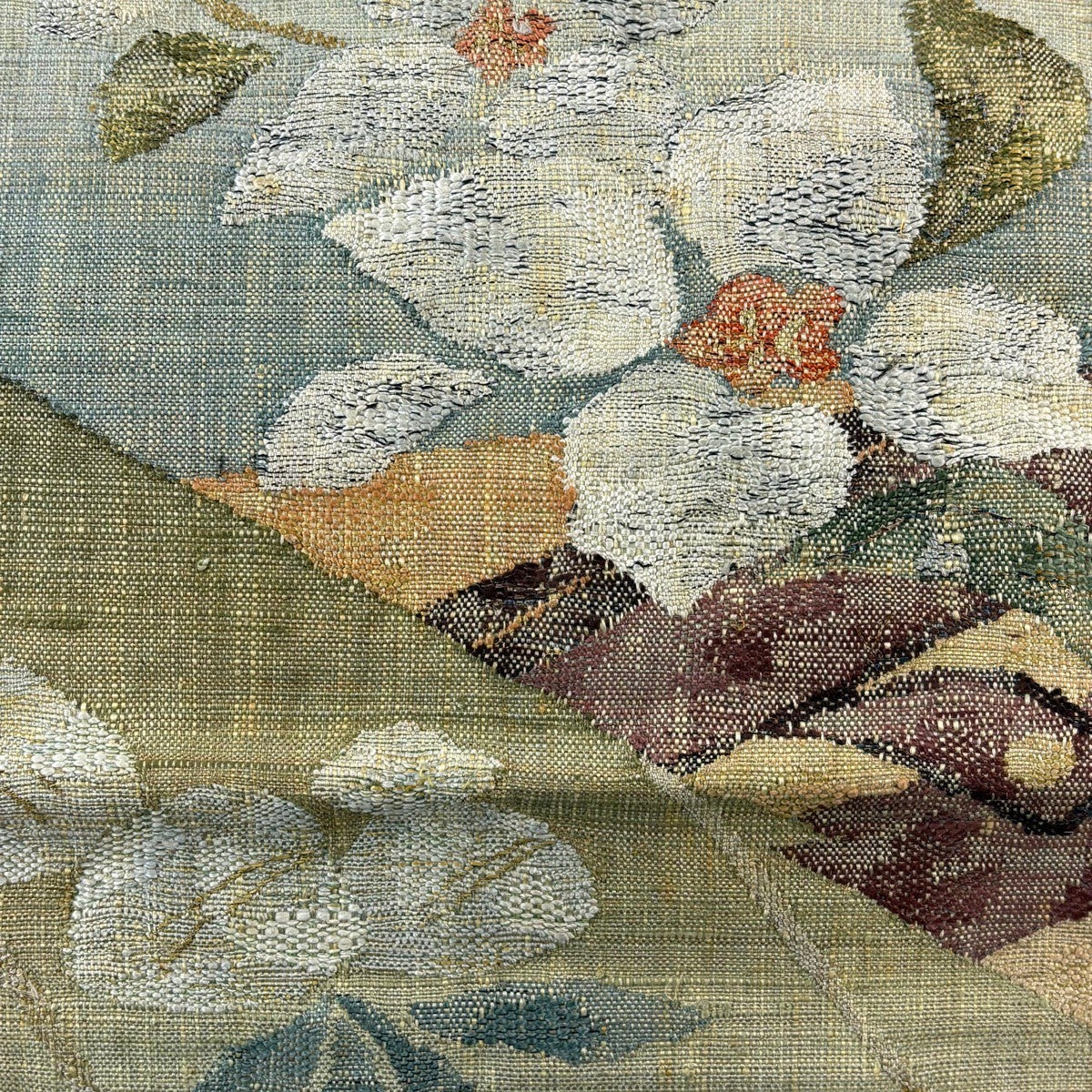 名古屋帯 秀品 八寸名古屋帯 松葉仕立て 枝花 金糸 灰緑 正絹｜中古