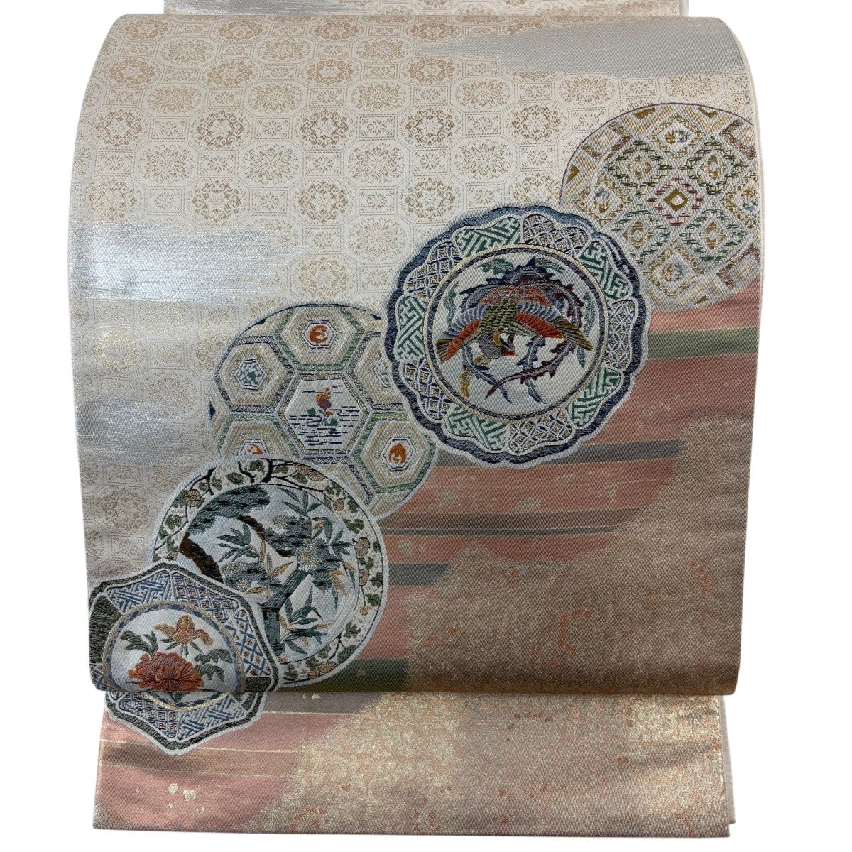 袋帯 秀品 松竹梅 違い棚 金糸 金彩 灰紫 お太鼓柄 正絹 【中古】 袋帯