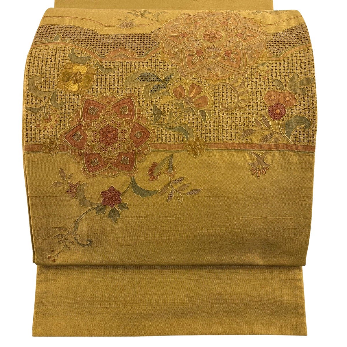美品】 袋帯 秀品 紬地 華文 花唐草 刺繍 山吹茶色 お太鼓柄 正絹