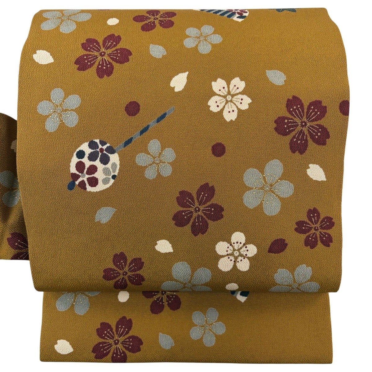 美品】 名古屋帯 秀品 桜 簪 金彩 縮緬 山吹茶色 正絹｜中古・古着