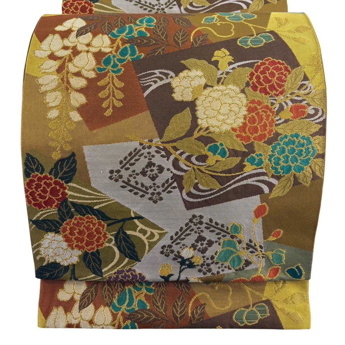 美品】 袋帯 秀品 色紙 草花 金糸 黄土色 六通 正絹｜中古・古着
