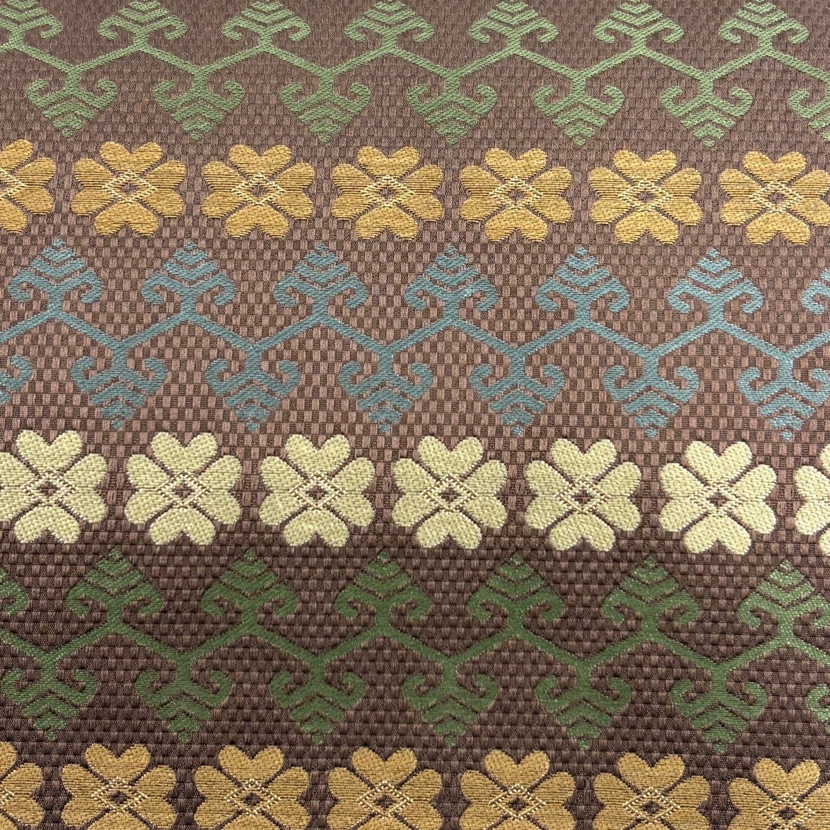 開き名古屋帯 秀品 比翼仕立て 花 幾何学模様 金糸 箔 茶紫 正絹｜中古