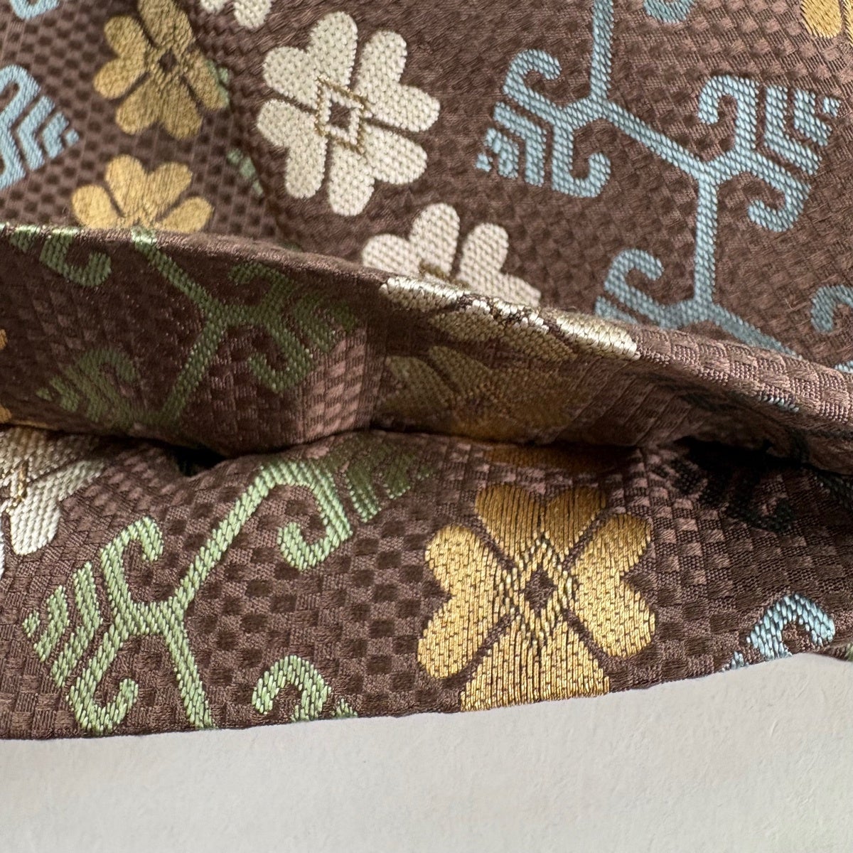 開き名古屋帯 秀品 比翼仕立て 花 幾何学模様 金糸 箔 茶紫 正絹｜中古