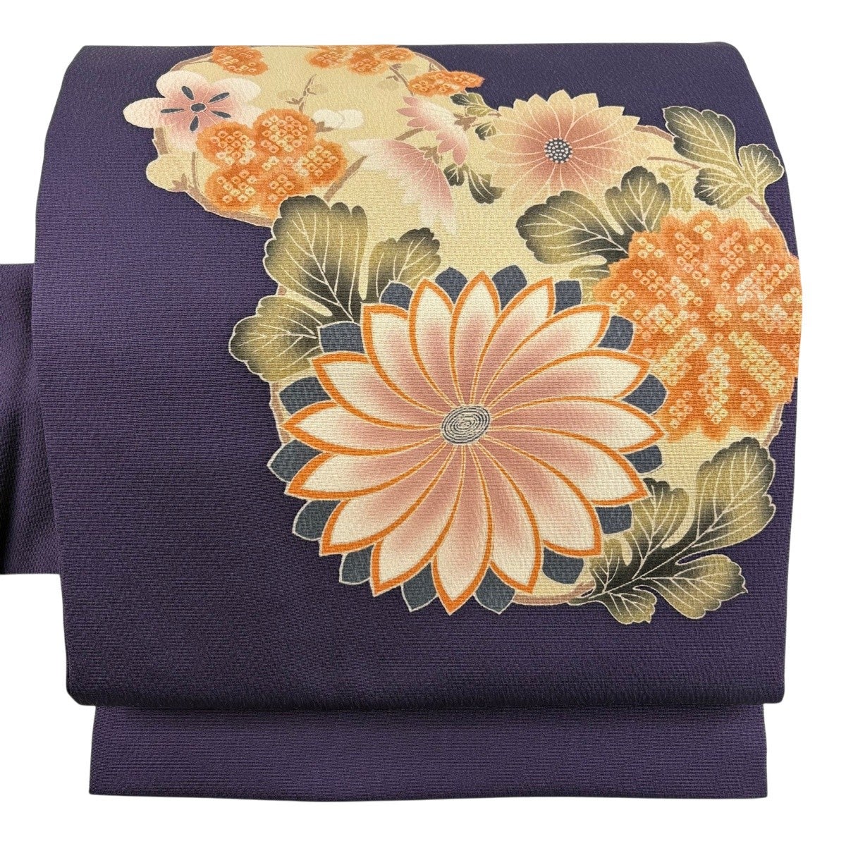 美品】 名古屋帯 秀品 菊 梅 縮緬 紫 正絹｜中古・古着・リサイクル