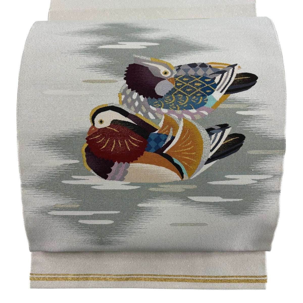 美品】 名古屋帯 秀品 八寸名古屋帯 関西仕立て 鴛鴦 霞 金銀糸 箔