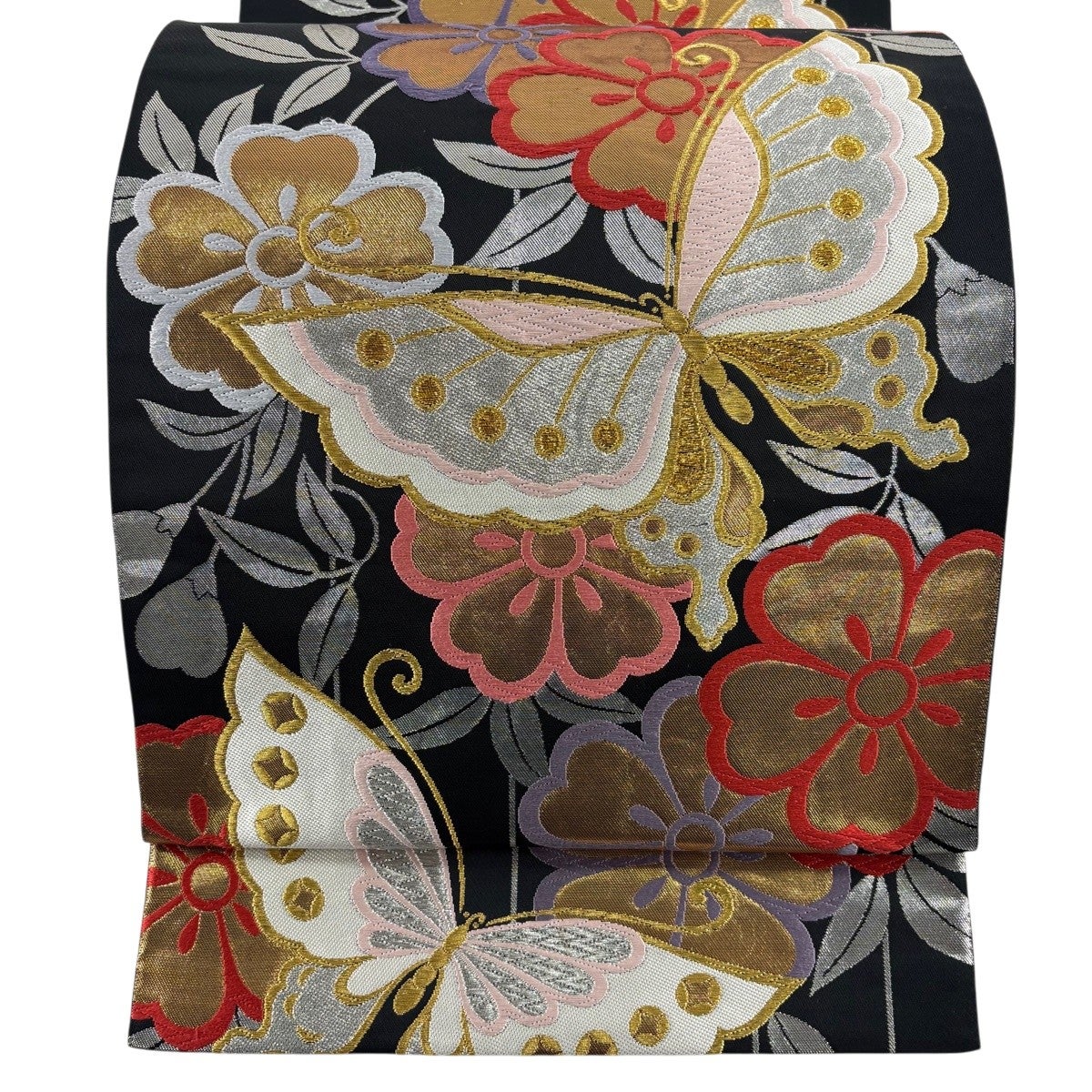 美品】 袋帯 秀品 振袖向き 華文 桜 金銀糸 刺繍 紺色 六通 正絹｜中古