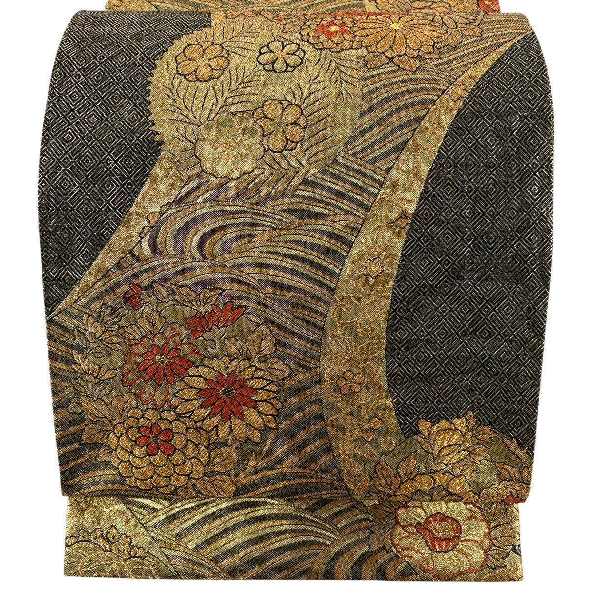 袋帯 秀品 振袖向き 辻が花柄 松皮菱 金糸 箔 赤 六通 正絹｜中古