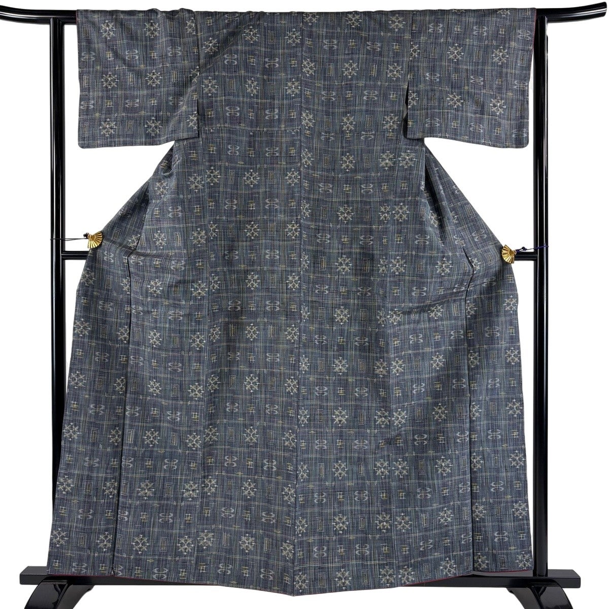 美品】 紬 身丈164.5cm 裄丈66.5cm M 袷 幾何学模様 緑 正絹 秀品