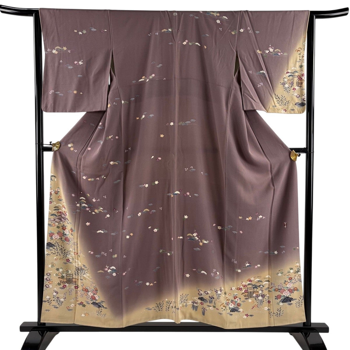美品】 訪問着 身丈153cm 裄丈63cm S 袷 落款あり 松竹梅 格子 黒灰