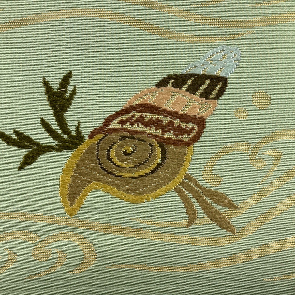 美品】 開き名古屋帯 秀品 草木染 貝 波頭 刺繍 箔 よもぎ色 正絹