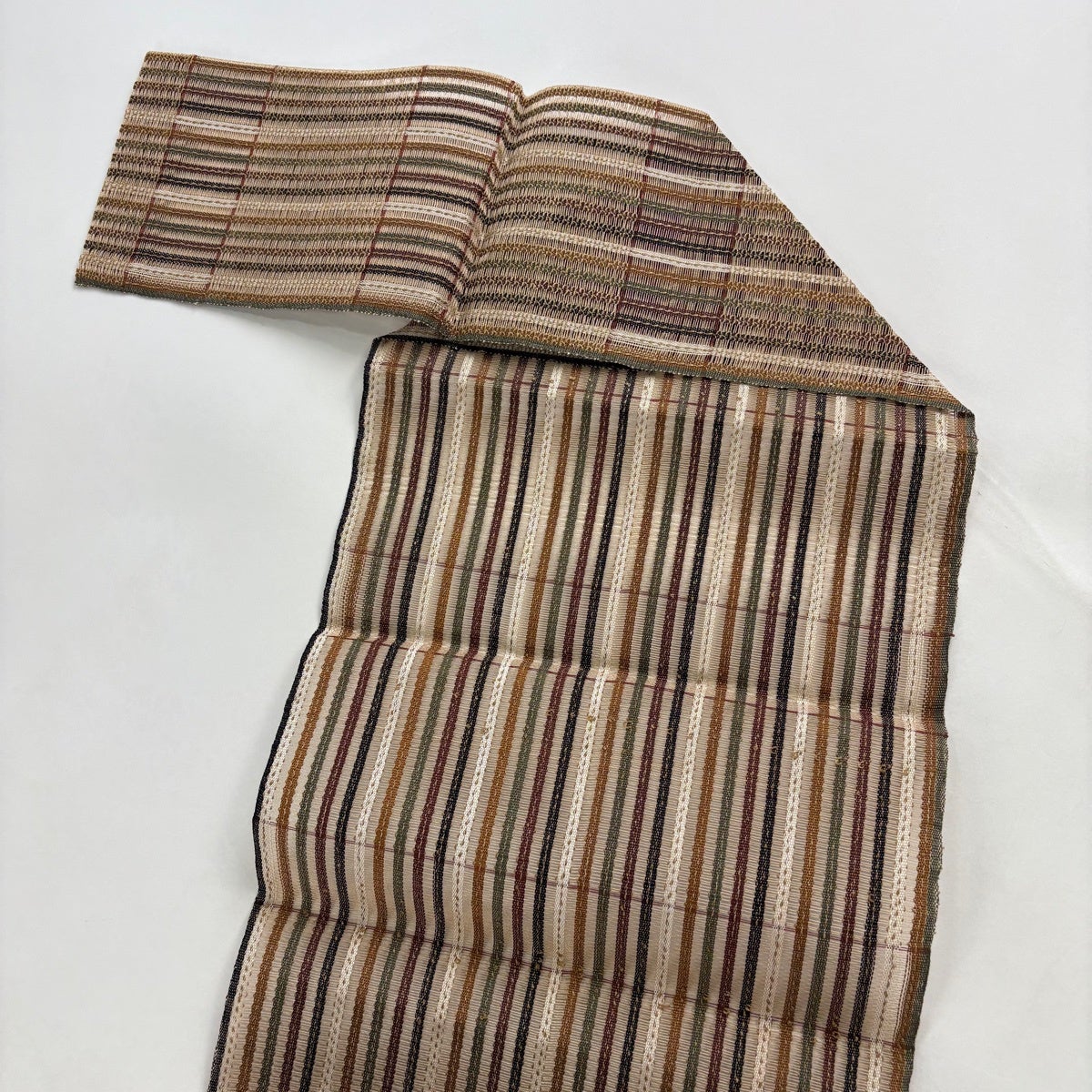 名古屋帯 秀品 八寸名古屋帯 松葉仕立て トンネル仕立て 夏帯 縞 薄茶