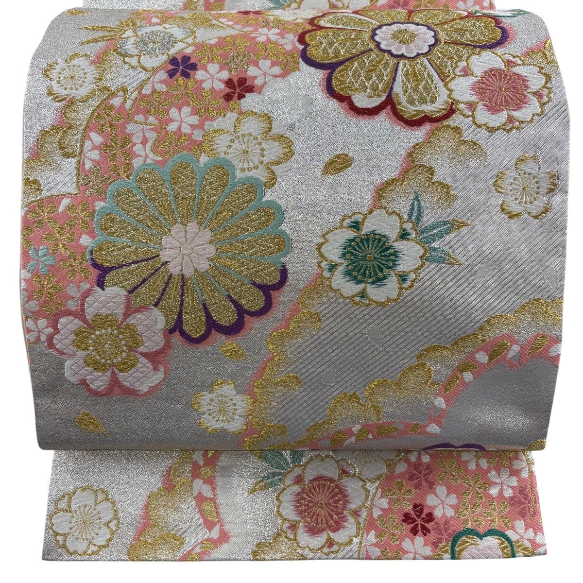 美品】 袋帯 秀品 桜 花びら 唐織 箔 銀色 六通 正絹｜中古・古着