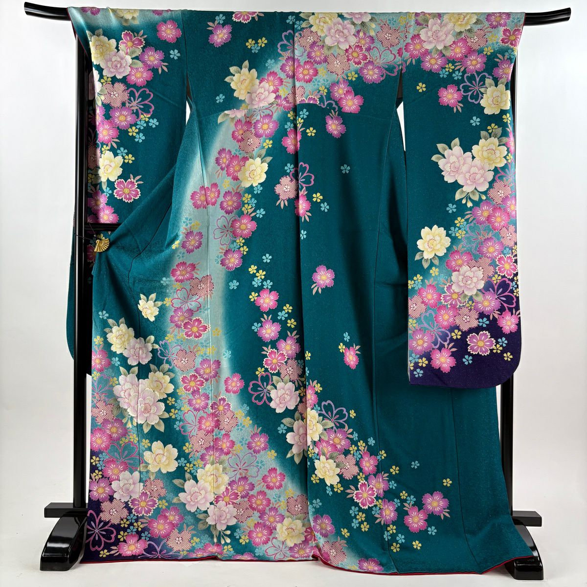 【美品】 振袖 身丈172cm 裄丈72.5cm 正絹 名品 【中古】 振袖 身丈172cm 裄丈67.5cm L 袷 枝垂れ桜 黒 正絹 名品｜中古・古着
