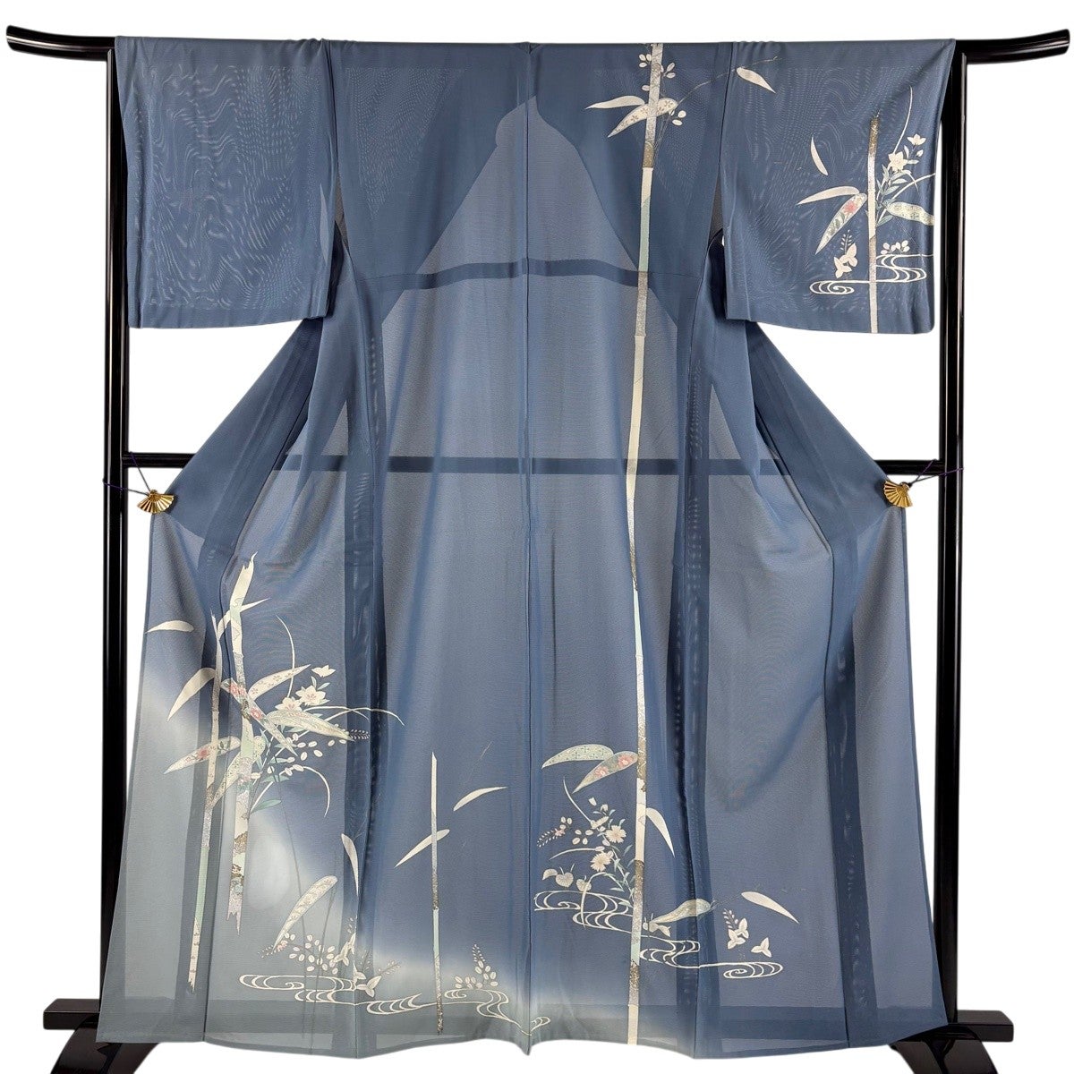 訪問着 身丈161.5cm 裄丈66.5cm M 薄物 絽 竹 秋草文 金銀彩 ぼかし 青