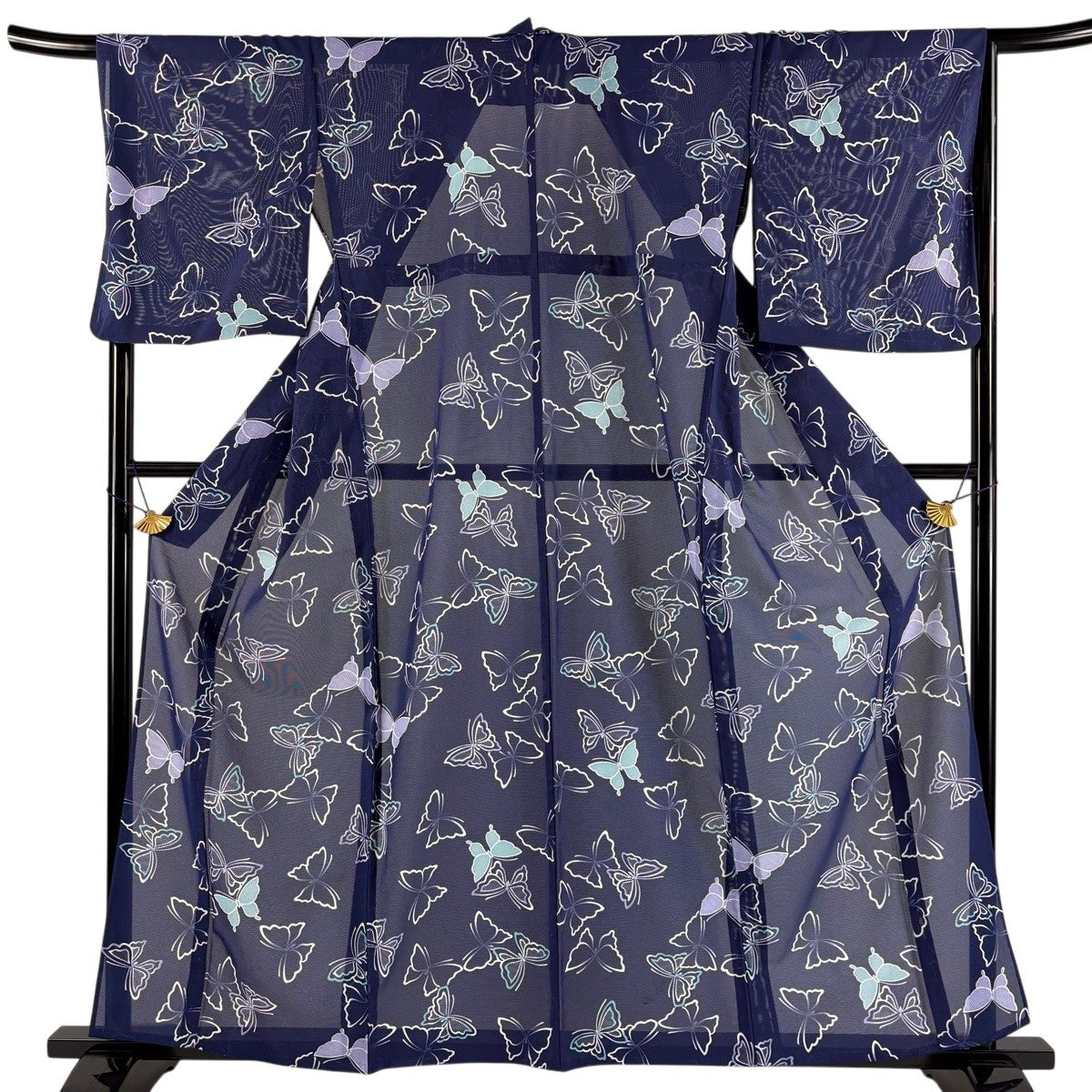 美品】 小紋 身丈159.5cm 裄丈68cm L 薄物 絽 バチ衿 蝶 青紫 正絹 秀