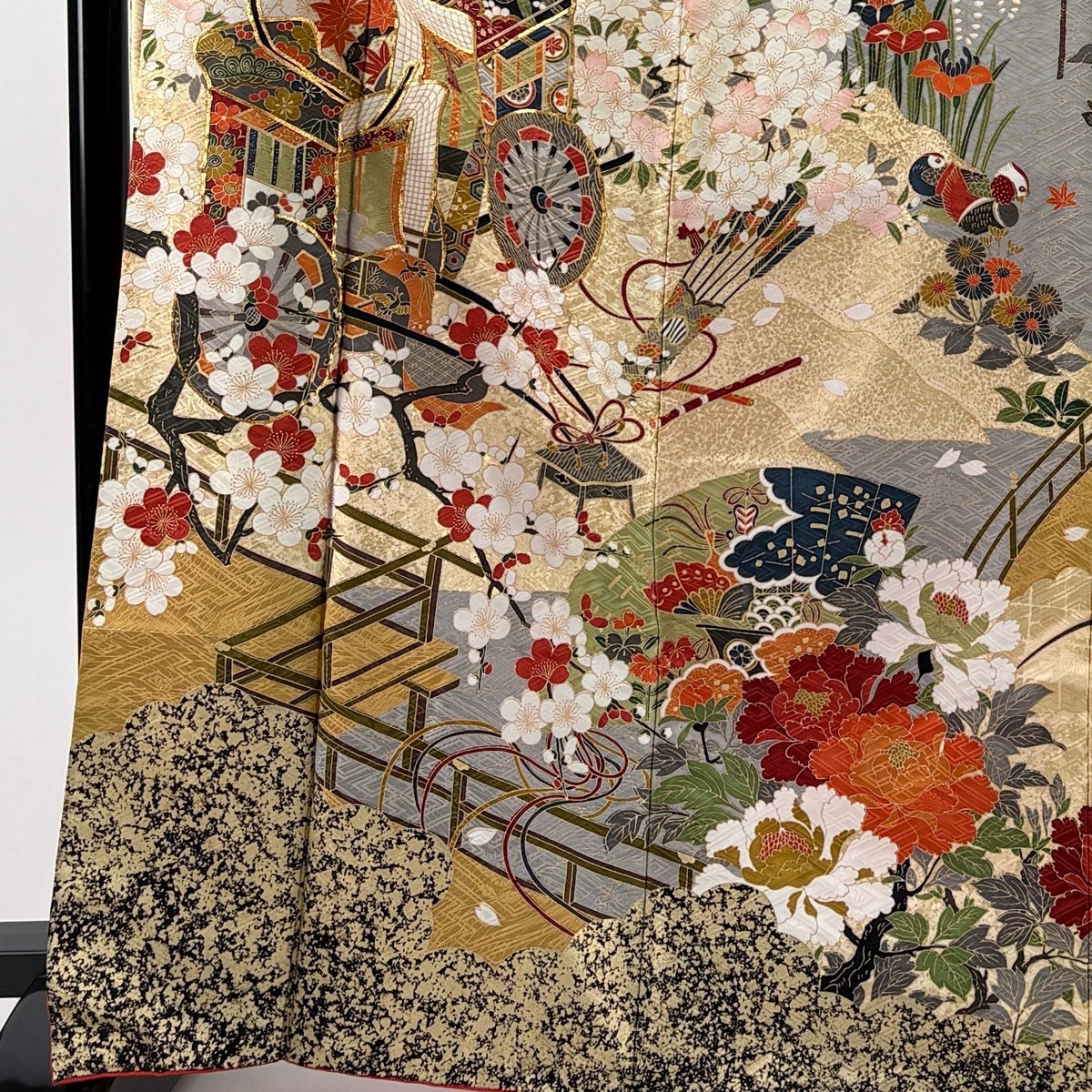 振袖 身丈167.5cm 裄丈67.5cm L 袷 御所車 松竹梅 金糸 金彩 ベージュ