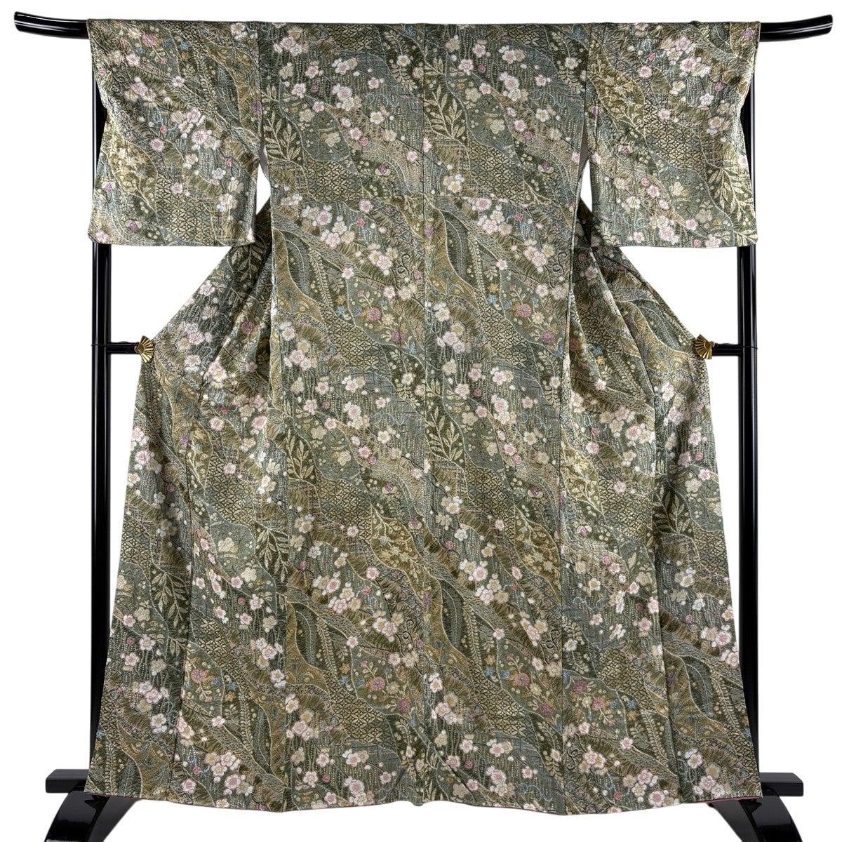 美品】 小紋 身丈160cm 裄丈66.5cm M 袷 草花 道長取り 金彩 茶緑色
