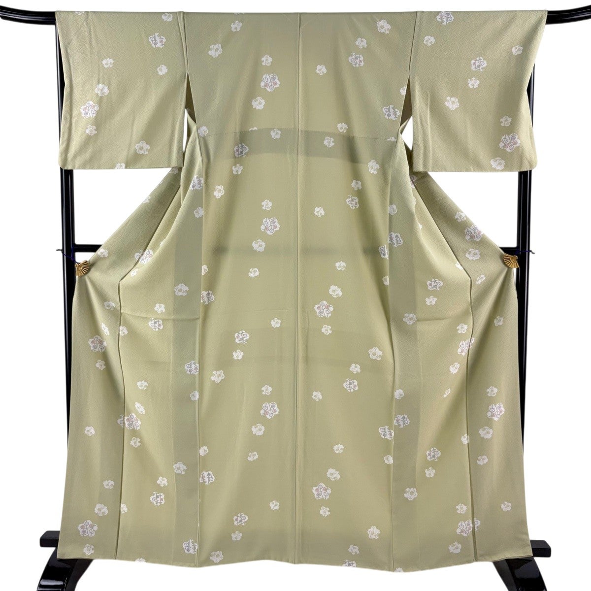 ★専用★未使用品 小紋 グリーンベージュ 桜花 身丈163cm裄丈70cm正絹 小紋 身丈165.5cm 裄丈67cm M 袷 桜 草花 抹茶色 正絹 秀品｜中古