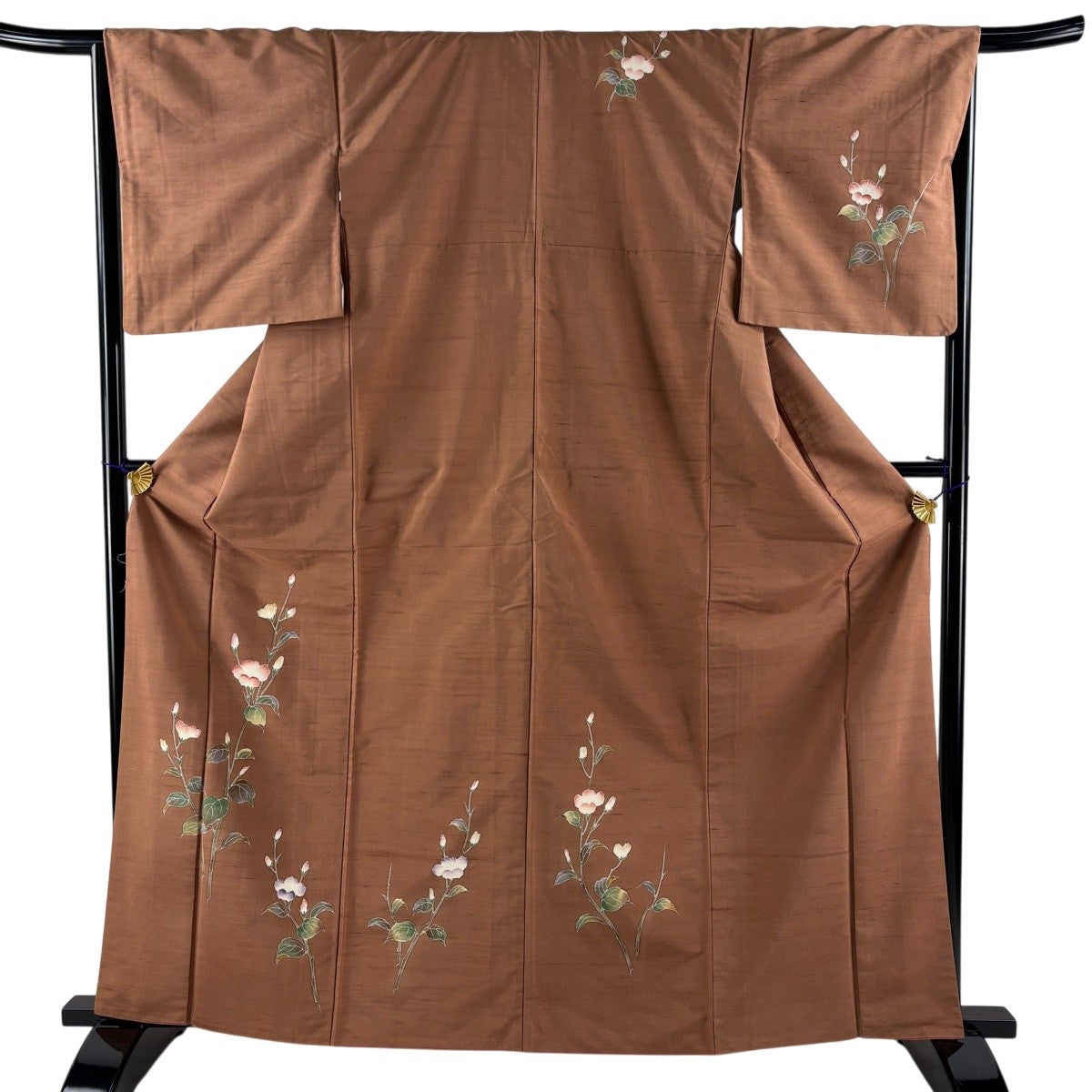 付下げ 身丈163.5cm 裄丈66cm M 袷 紬地 草花 赤茶 正絹 秀品｜中古