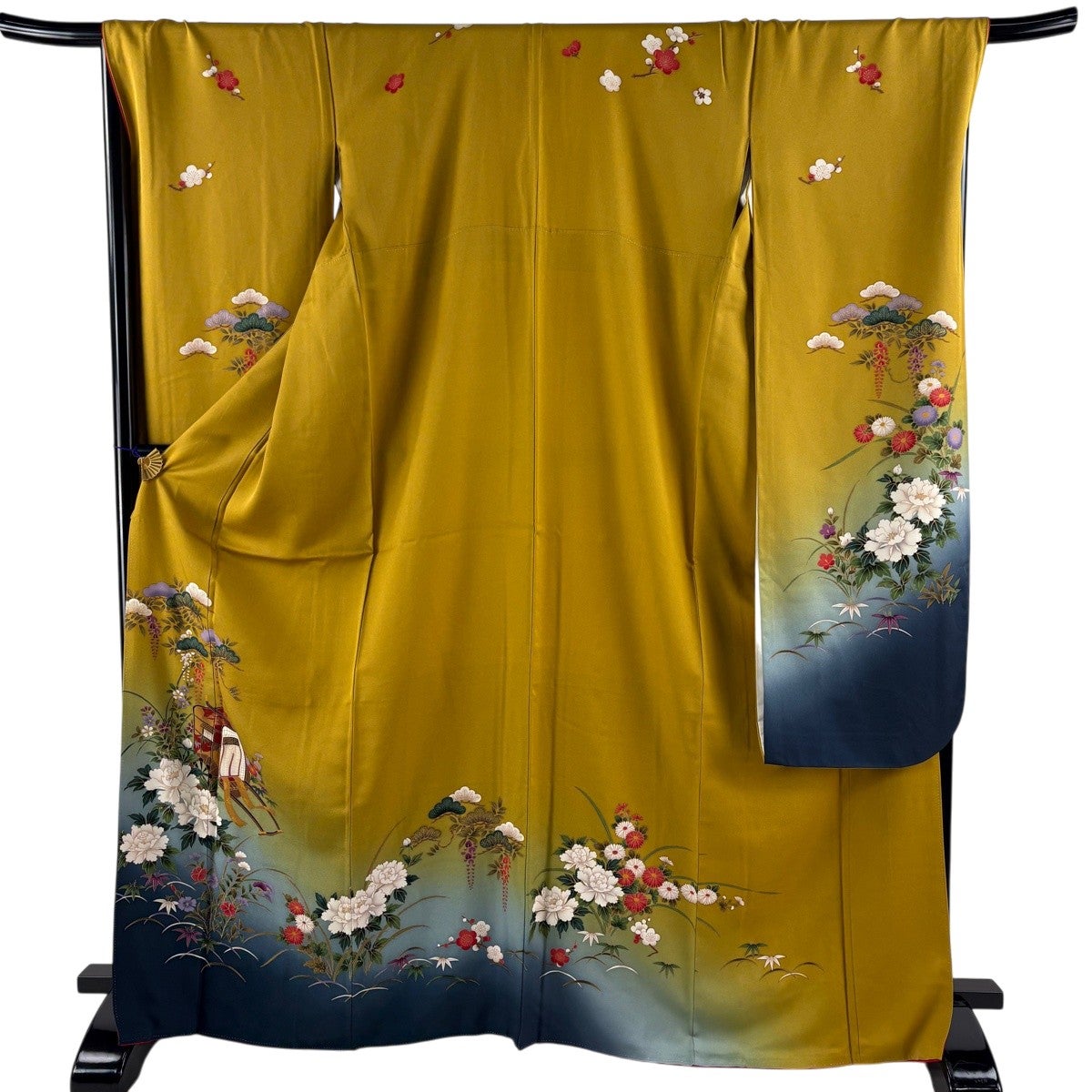 美品】 振袖 身丈169cm 裄丈69.5cm L 袷 御所車 牡丹 金彩 ぼかし 山吹