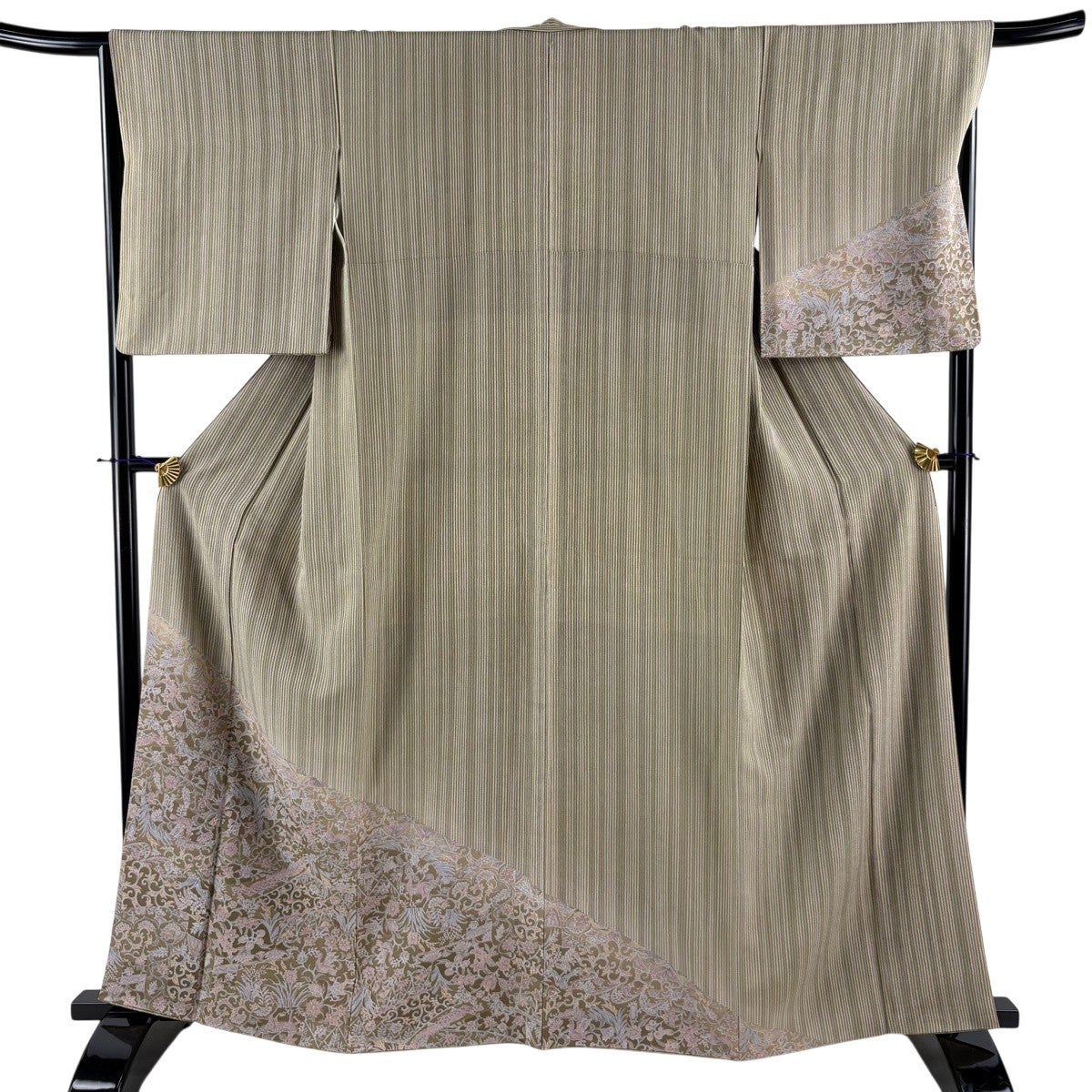 美品】 付下げ 身丈162cm 裄丈67cm M 袷 花唐草 縞 灰緑 正絹 秀品