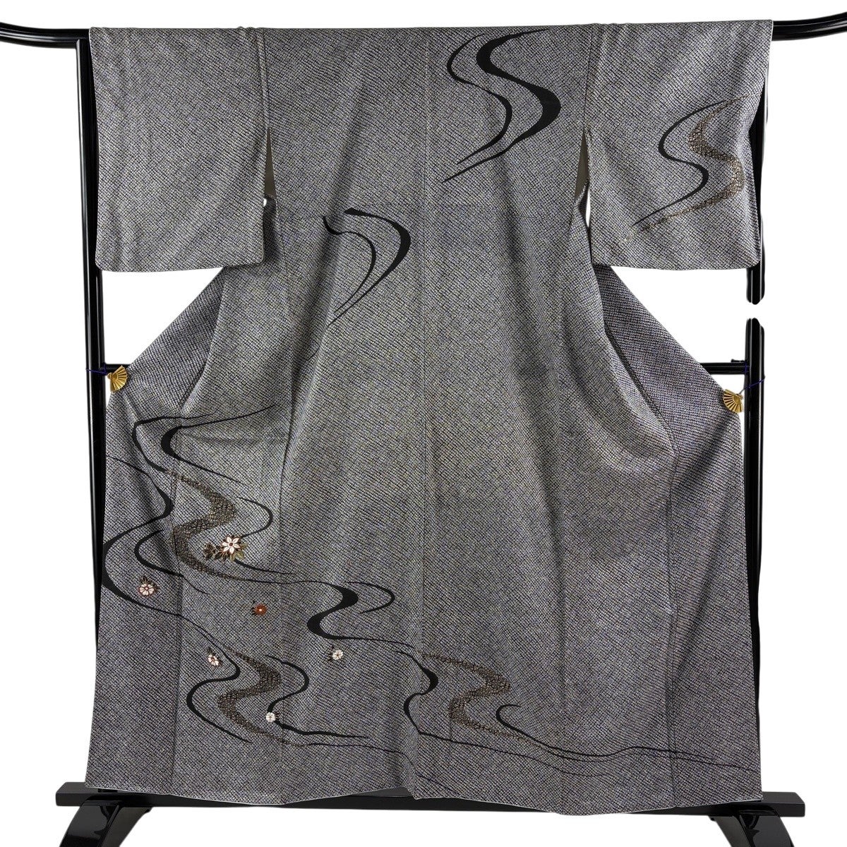 美品】 訪問着 身丈159cm 裄丈66cm M 袷 草花 霞 金彩 ぼかし 黒 正絹