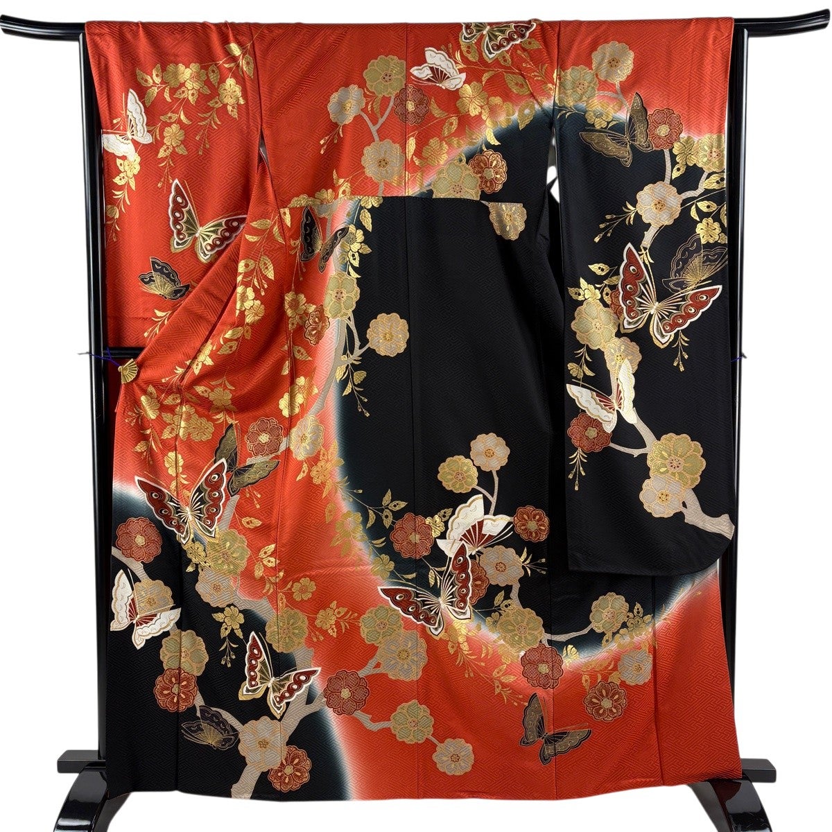 振袖 身丈165cm 裄丈66cm M 袷 蝶 草花 金彩 染め分け 朱色 正絹 秀品
