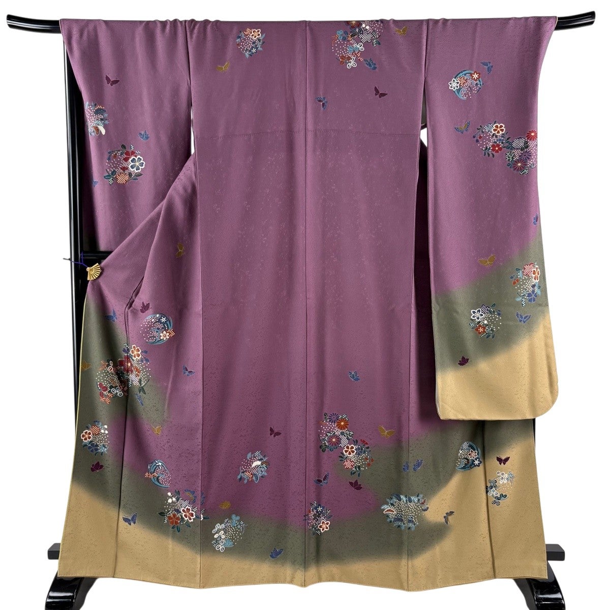振袖 身丈166cm 裄丈71cm L 袷 花丸文 蝶 金糸 金彩 紫 正絹 秀品