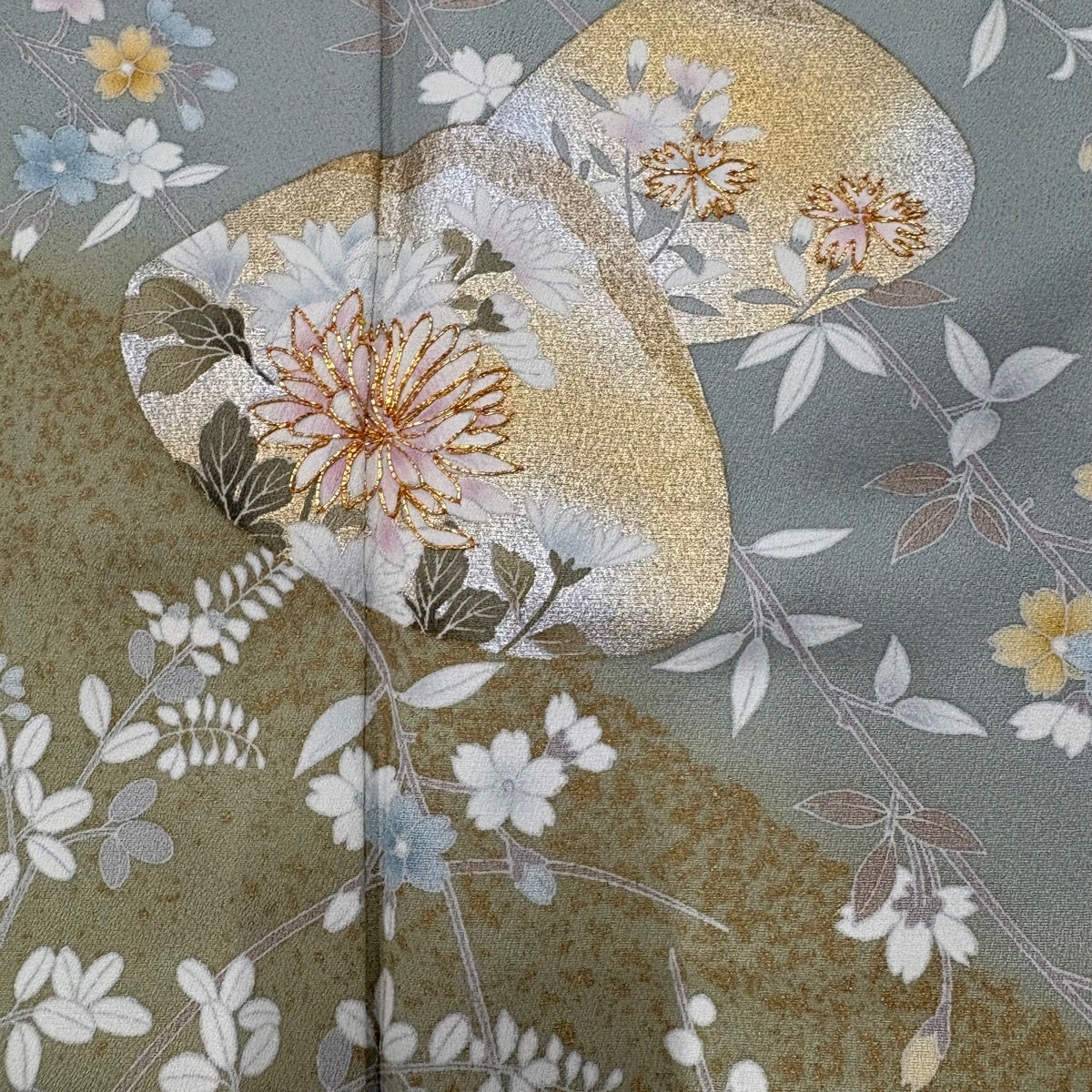 色留袖 身丈168cm 裄丈65cm M 袷 桜 秋草 刺繍 金銀糸 灰色 正絹 秀品