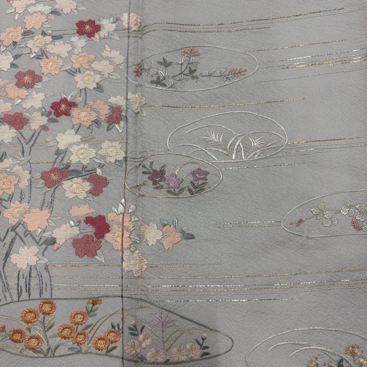 色留袖 身丈168cm 裄丈65cm M 袷 桜 秋草 刺繍 金銀糸 灰色 正絹 秀品