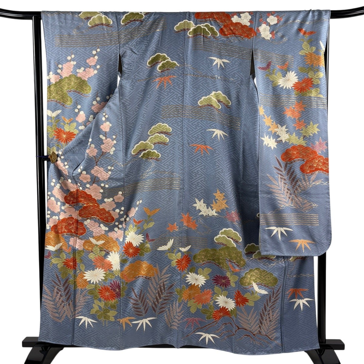 振袖 身丈160cm 裄丈66cm M 袷 松竹梅 菊 金糸 金彩 青灰色 正絹 秀品