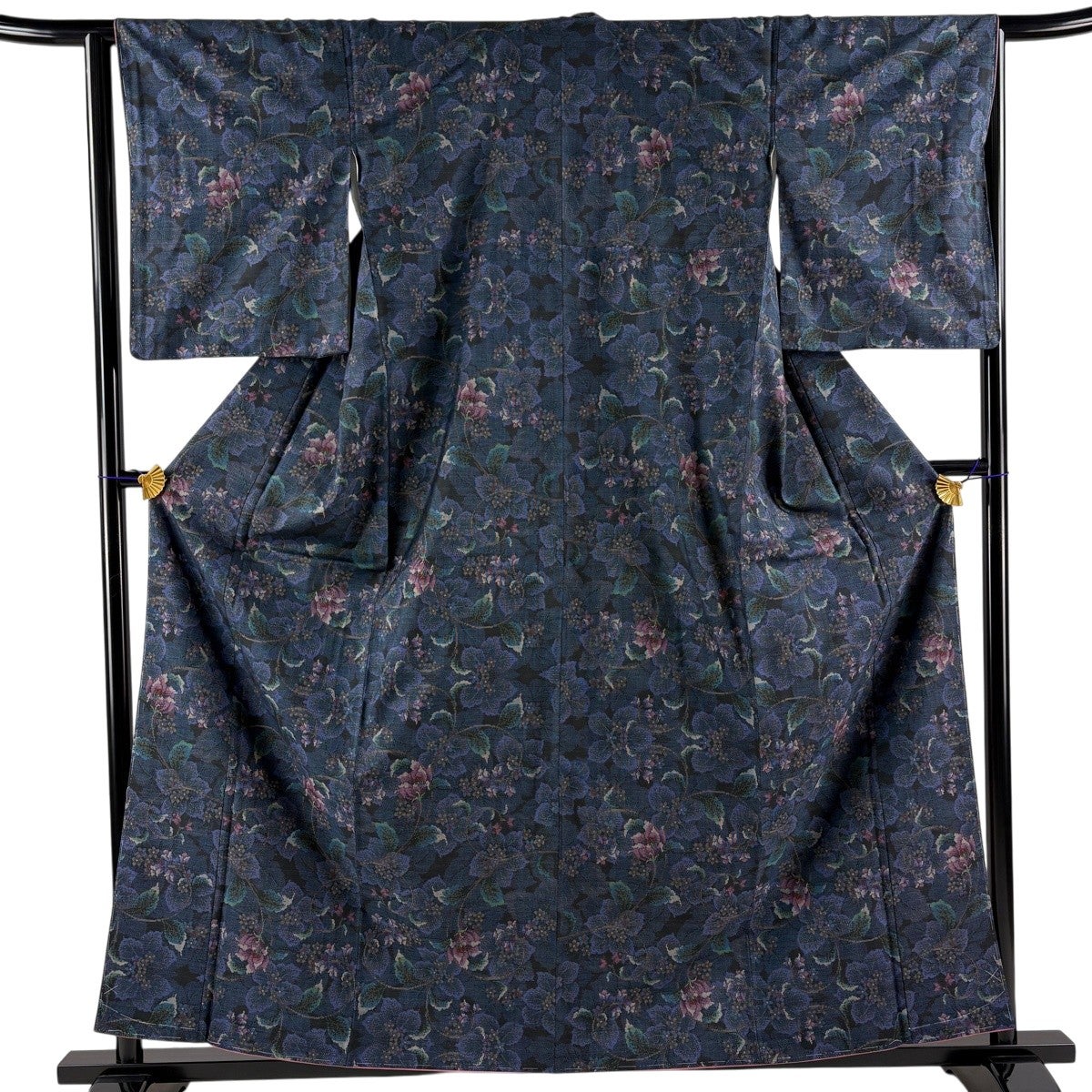 美品】 紬 身丈159cm 裄丈63.5cm S 袷 草花 紺色 正絹 秀品｜中古