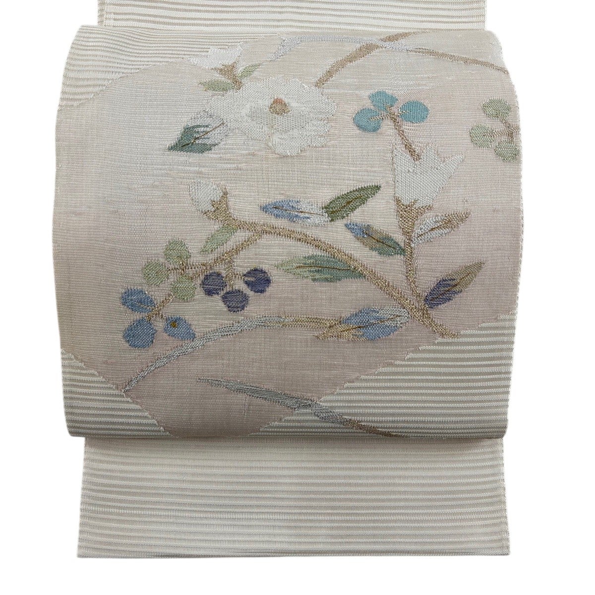 美品】 袋帯 秀品 夏帯 草花 銀糸 箔 青灰色 お太鼓柄 正絹｜中古