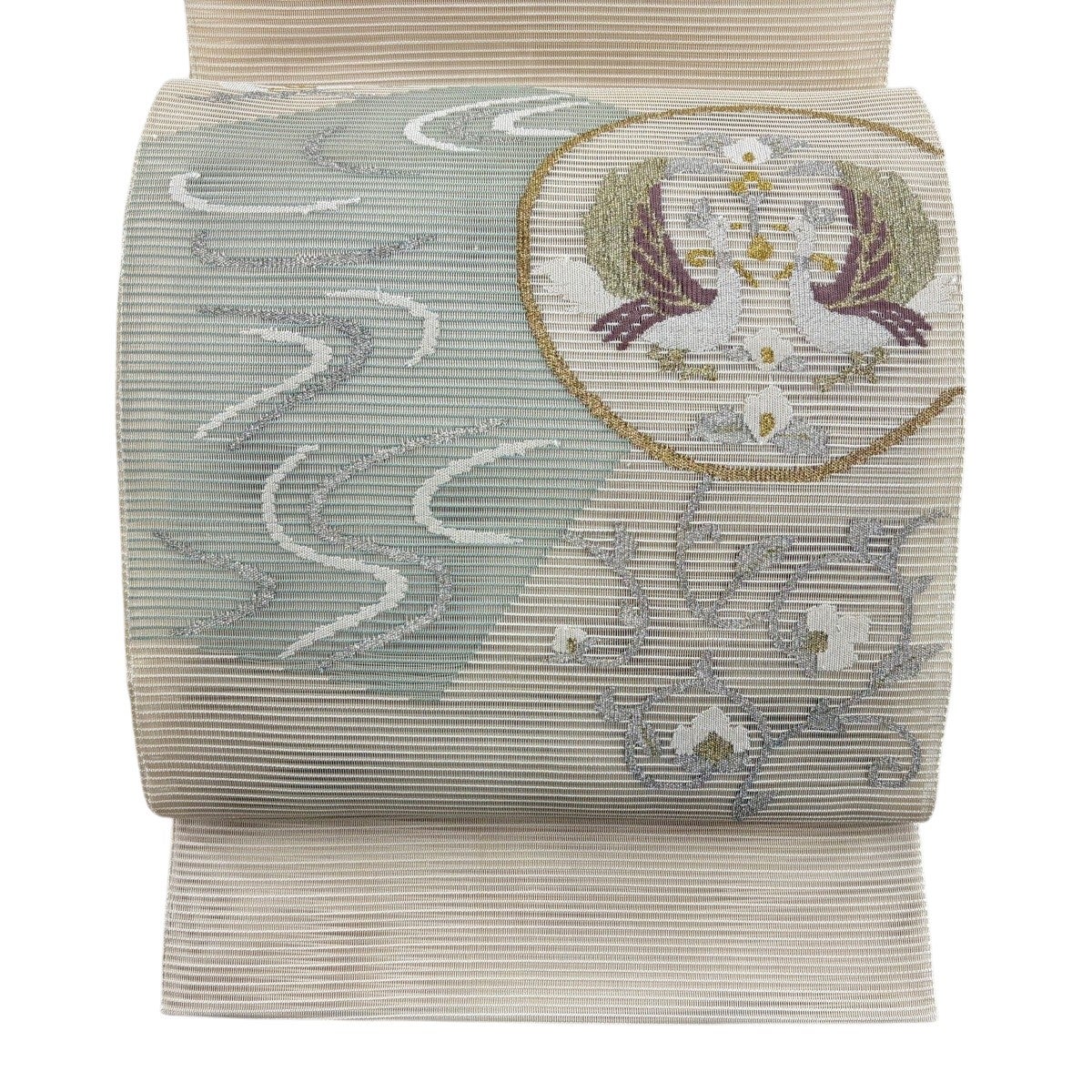 袋帯 秀品 夏帯 絽 向かい鳥 花唐草 金銀糸 ベージュ お太鼓柄 正絹