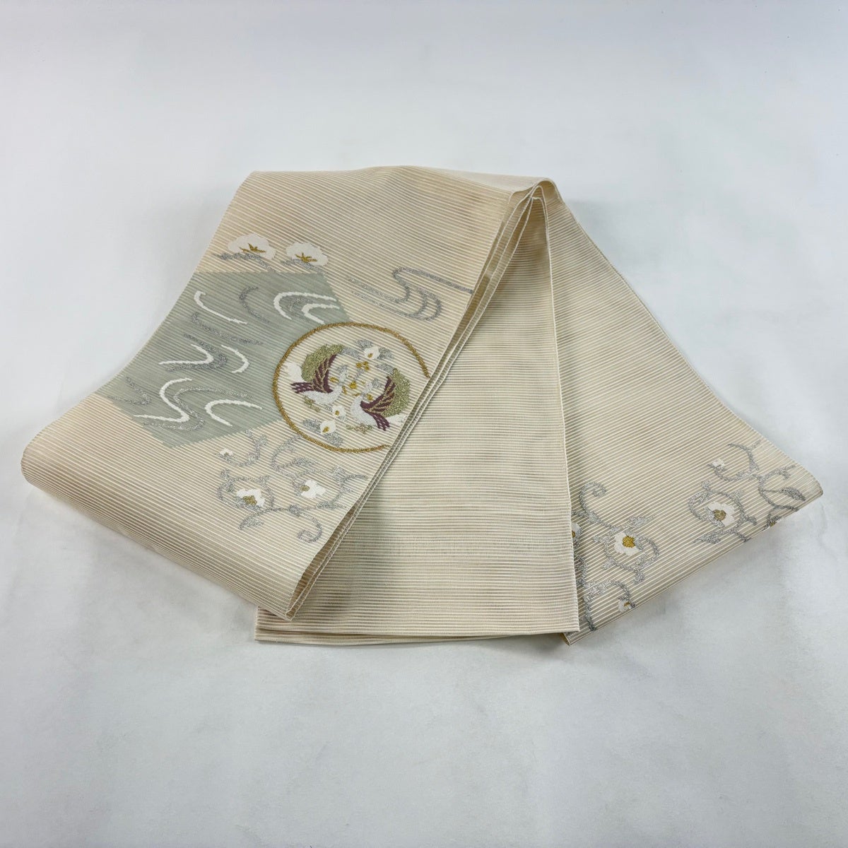 袋帯 秀品 夏帯 絽 向かい鳥 花唐草 金銀糸 ベージュ お太鼓柄 正絹