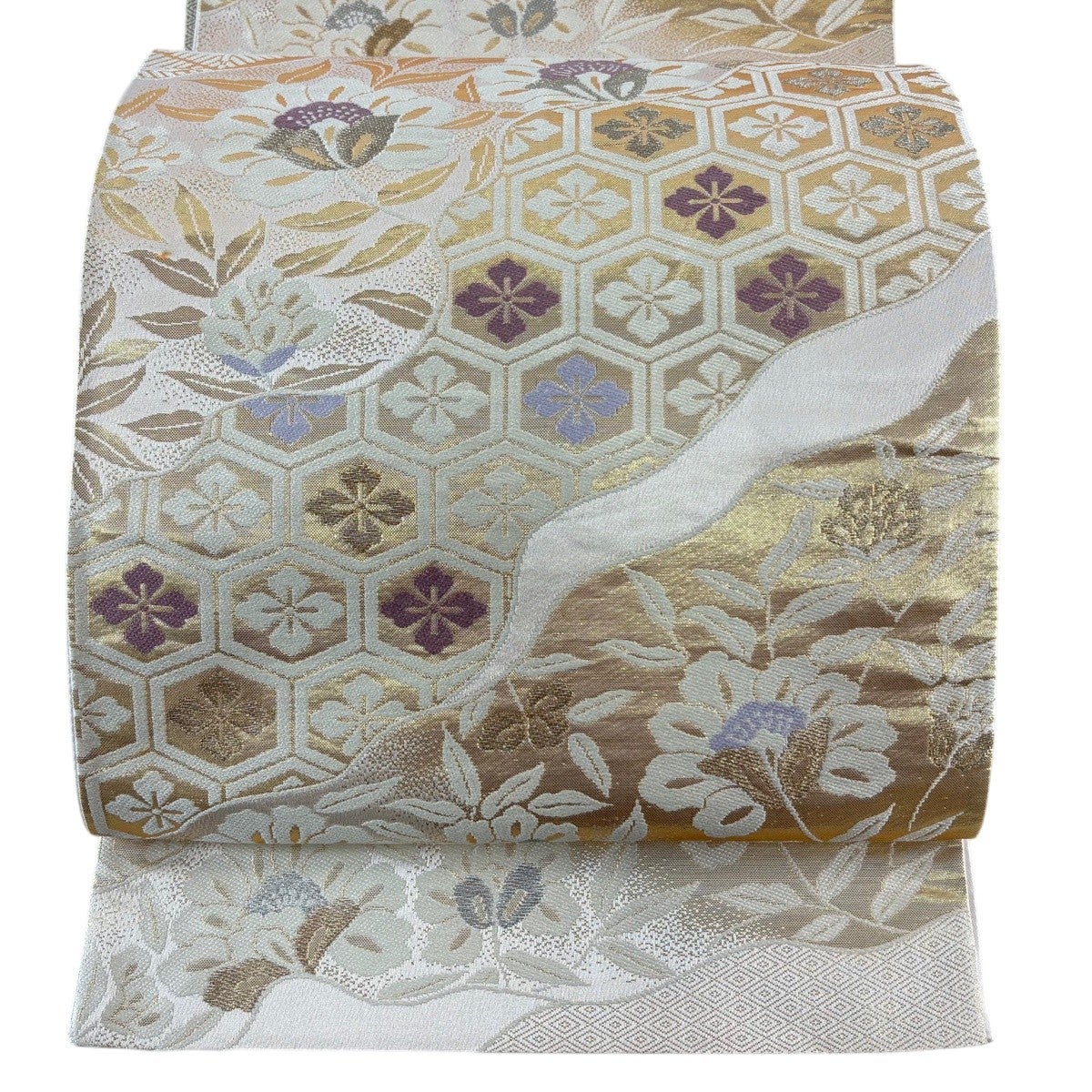 袋帯 秀品 草花 亀甲 金銀糸 箔 金色 六通 正絹|中古・古着 袋帯 秀品 草花 亀甲 金銀糸 箔 金色 六通 正絹|中古・古着