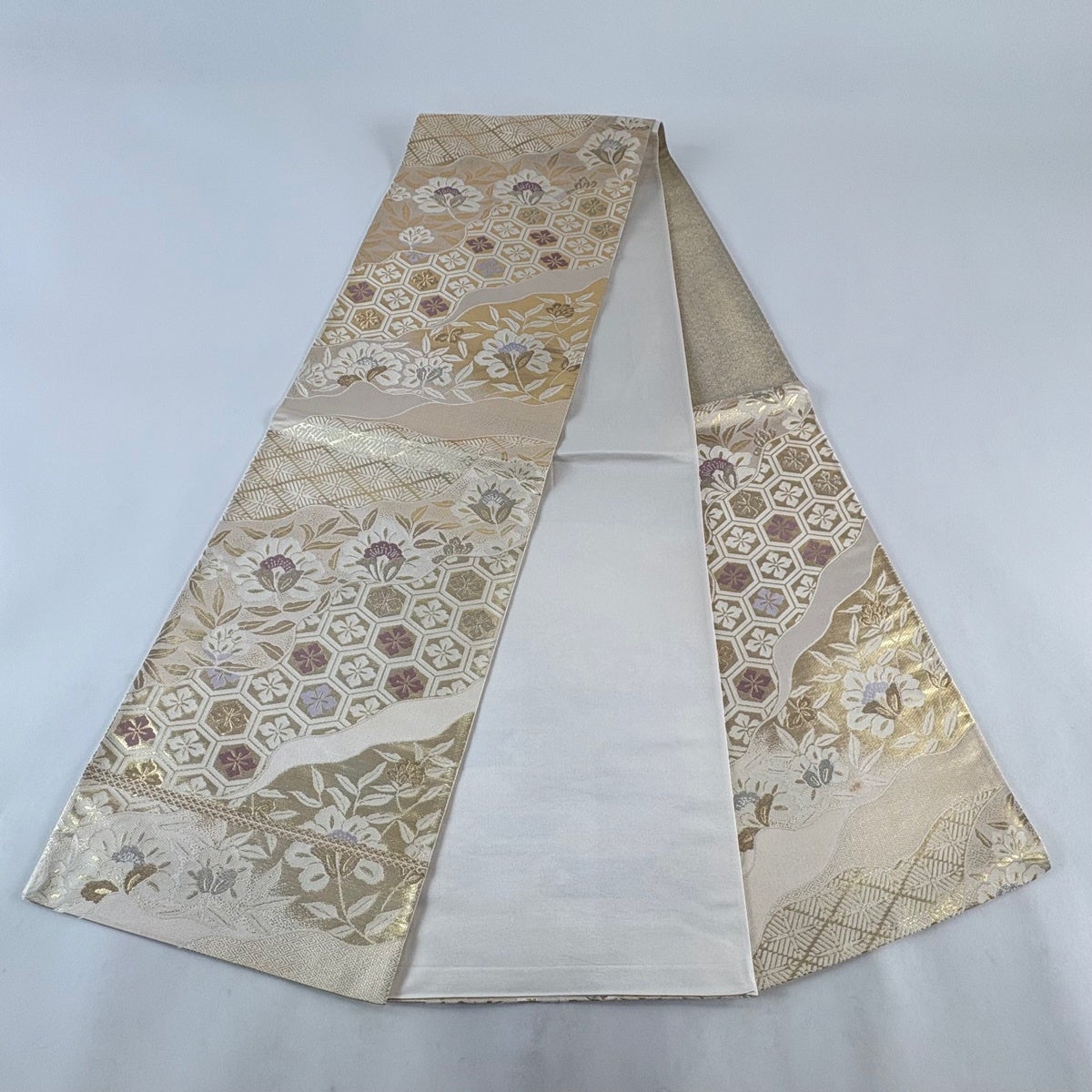 袋帯 秀品 草花 亀甲 金銀糸 箔 金色 六通 正絹｜中古・古着