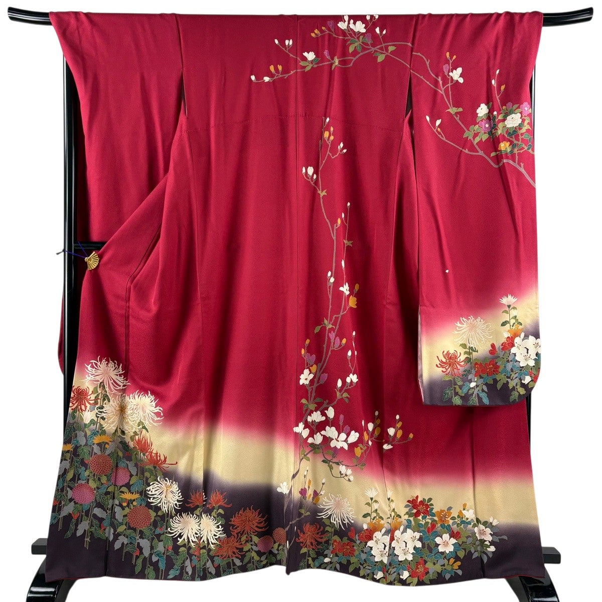 美品】 振袖 身丈165cm 裄丈69.5cm L 袷 菊 金糸 金彩 茜色 正絹 秀品