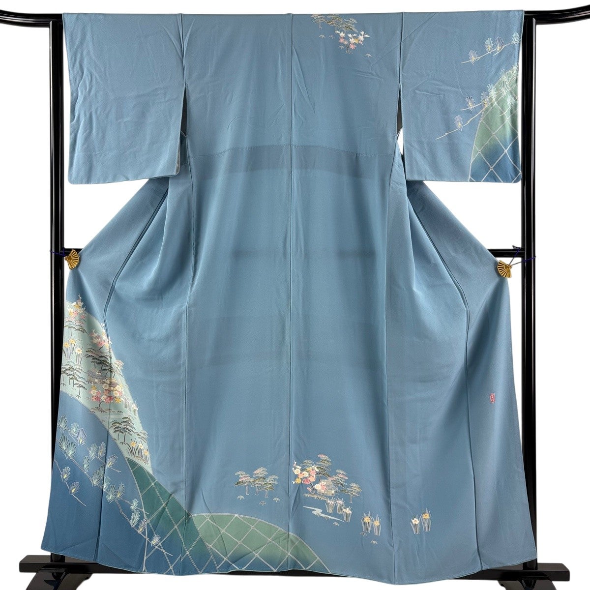 訪問着 身丈158cm 裄丈63.5cm S 袷 落款あり 家屋 松竹梅 水色 正絹 秀