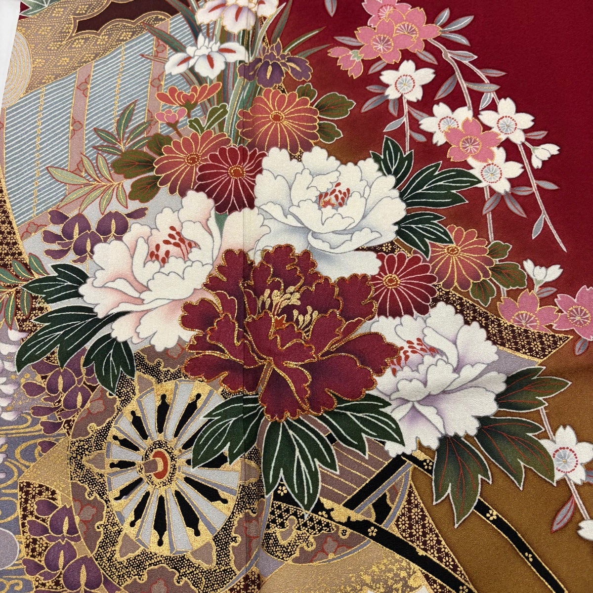 振袖 身丈161.5cm 裄丈65cm M 袷 花車 几帳 金糸 金彩 赤 正絹 秀品