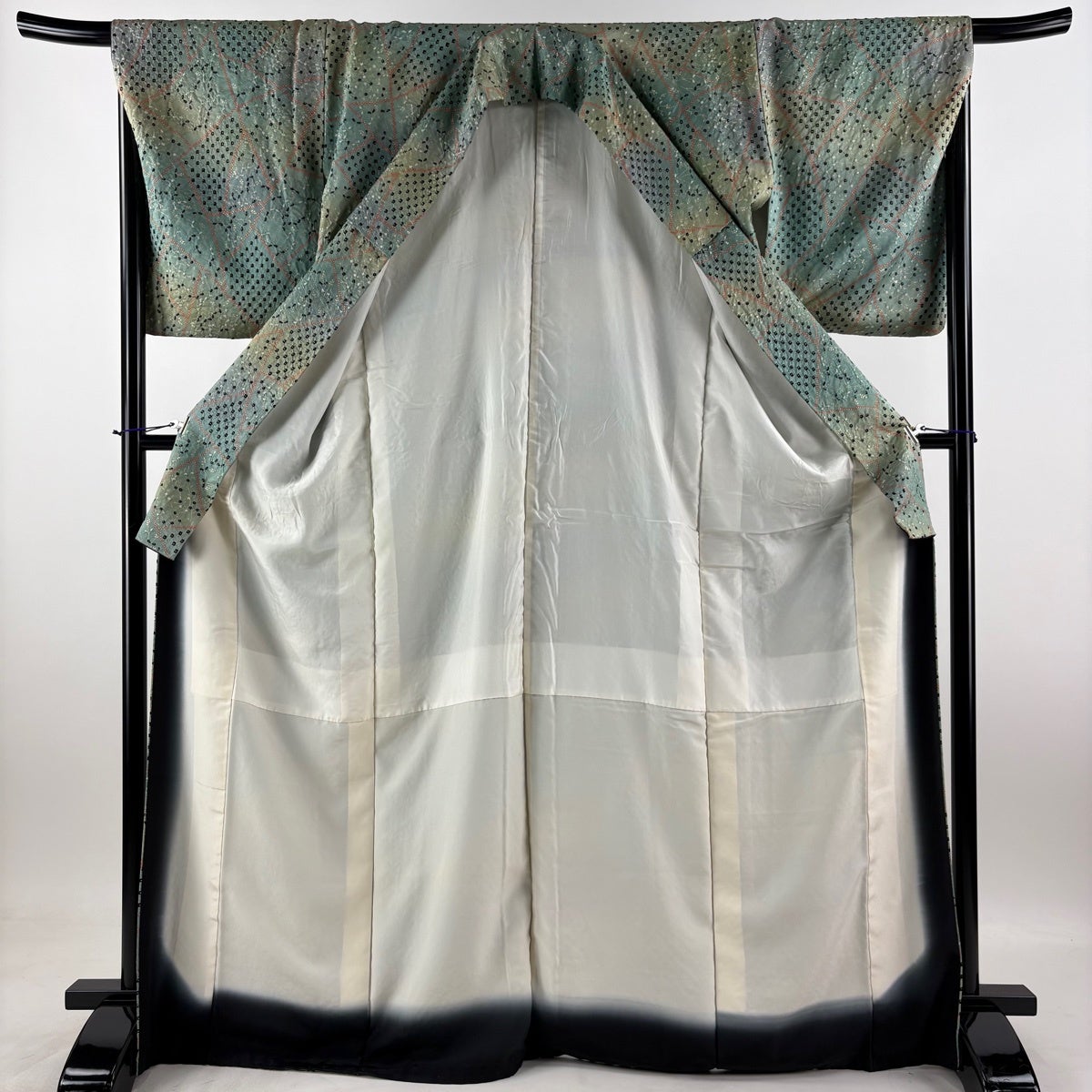小紋 身丈170cm 裄丈68cm L 袷 萩 枝花 金彩 絞り 灰緑 正絹 秀品